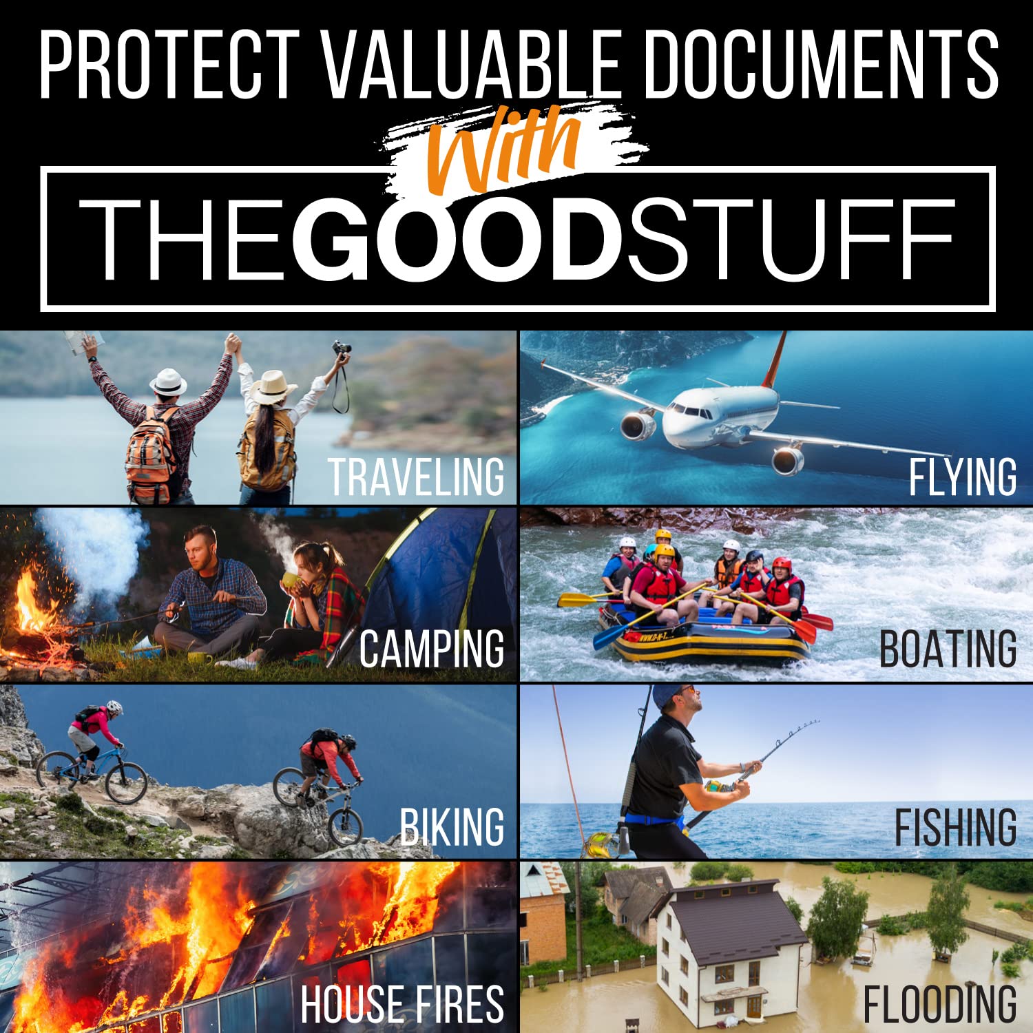 The Good Stuff fireproof money bag in use during travel and home storage