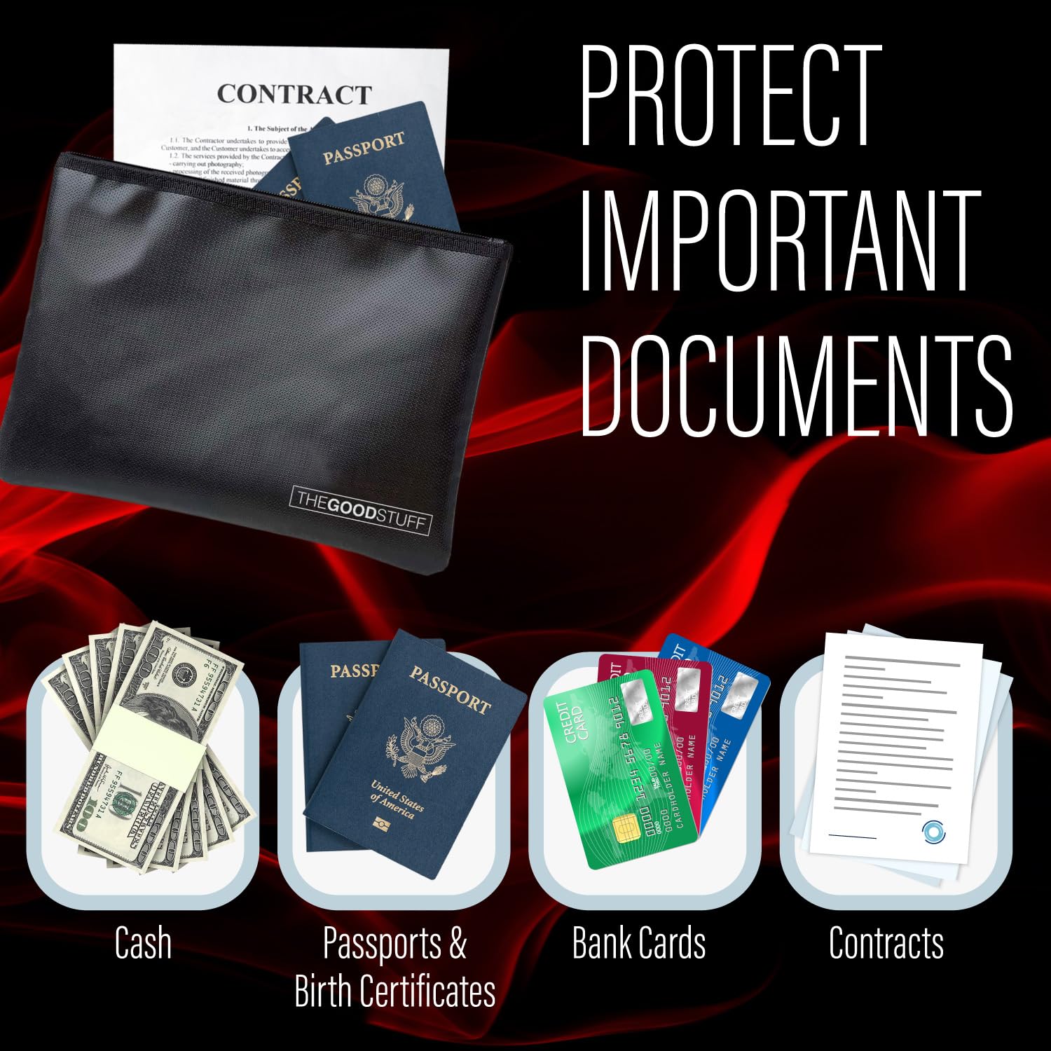 The Good Stuff fireproof money bag water resistant zipper protecting valuables in transit