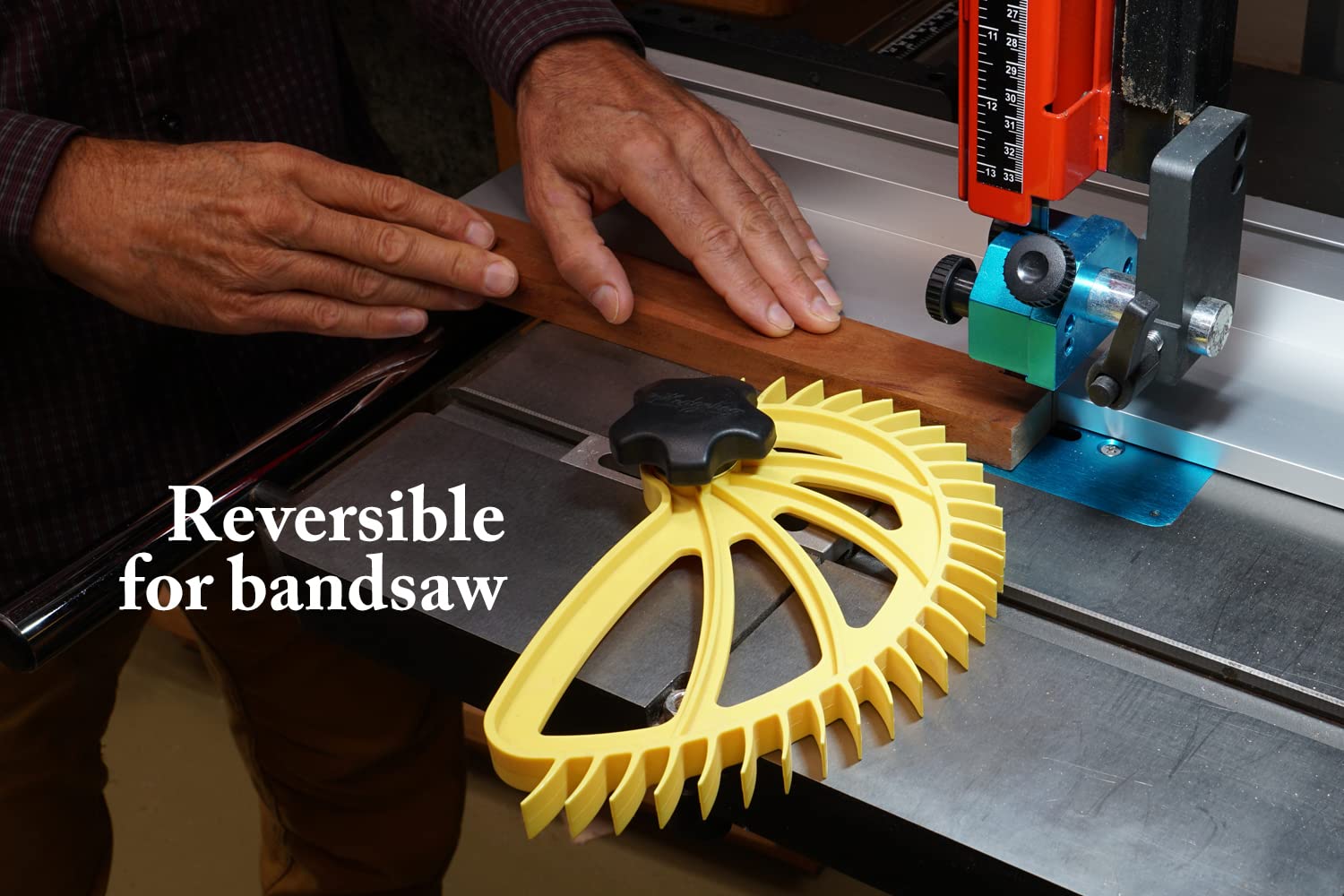 Spiral design reduces kickback during ripping with The Hedgehog featherboard.