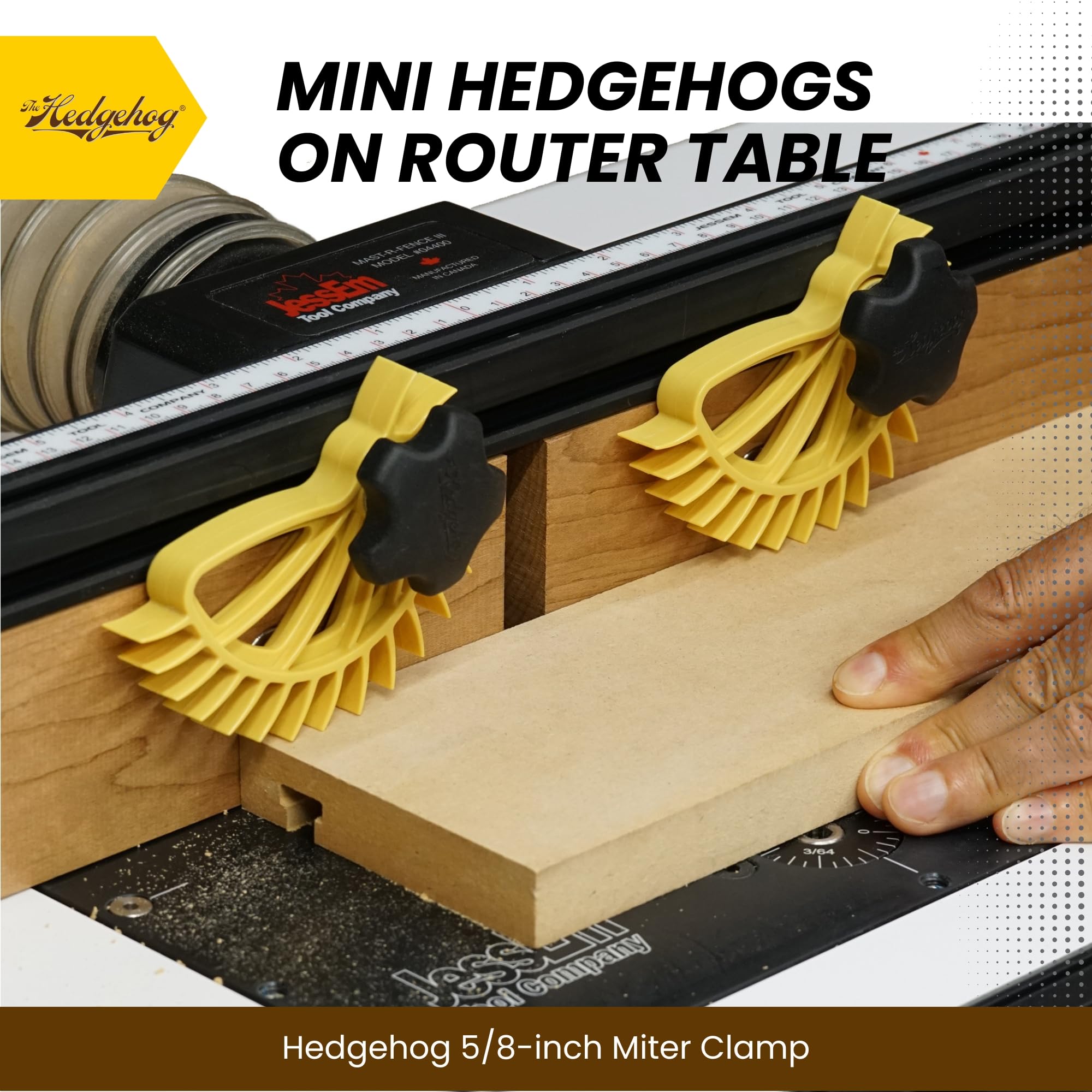 The Hedgehog Mini Fence Featherboard vertical mount enables precise rabbets.