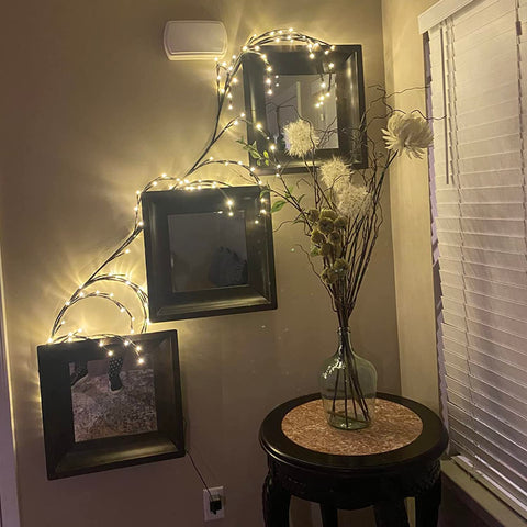 The Light Garden lighted willow vine close-up bulbs highlight decorative details.