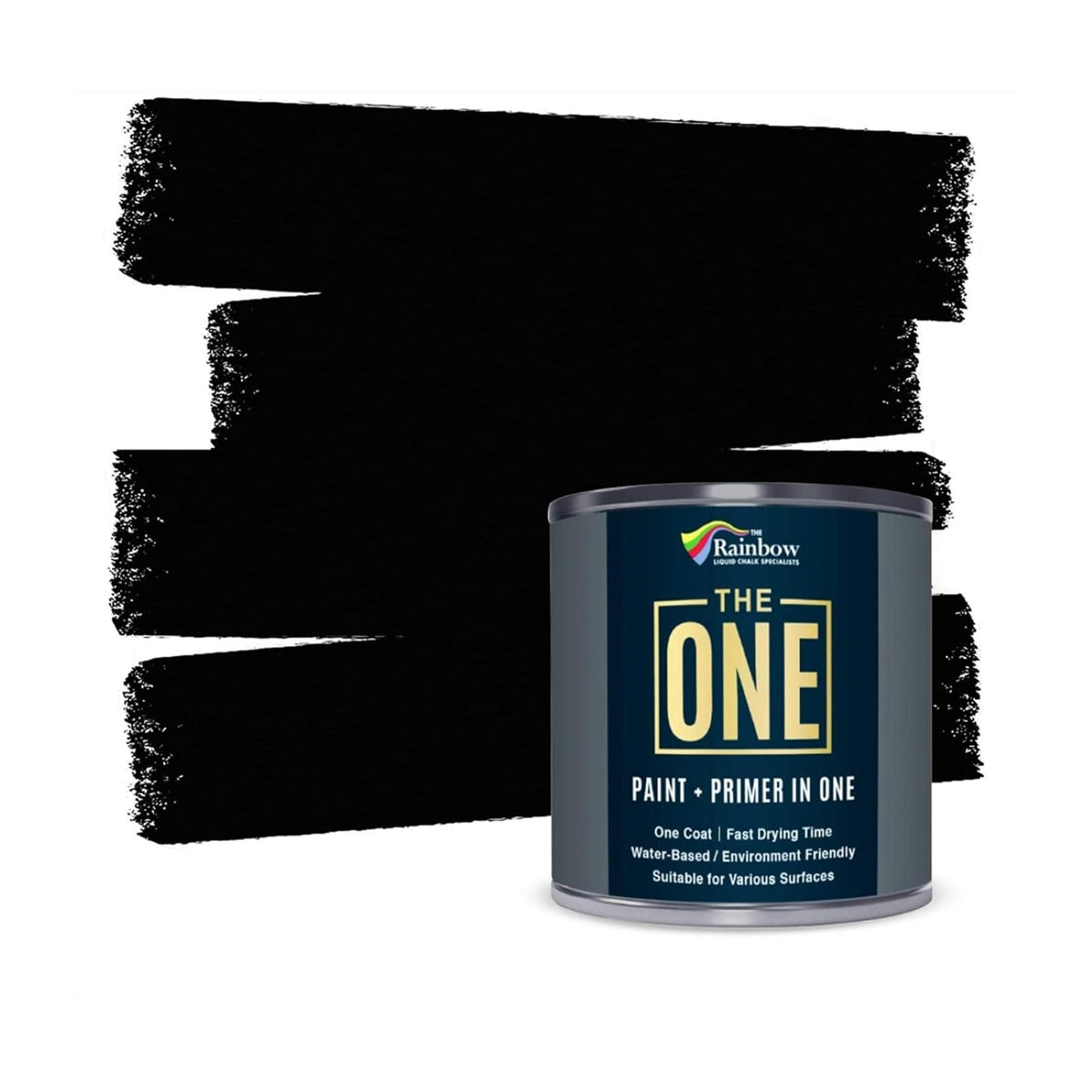 THE ONE All-In-One Paint & Primer Black Matte bottle shows a one-coat solution.
