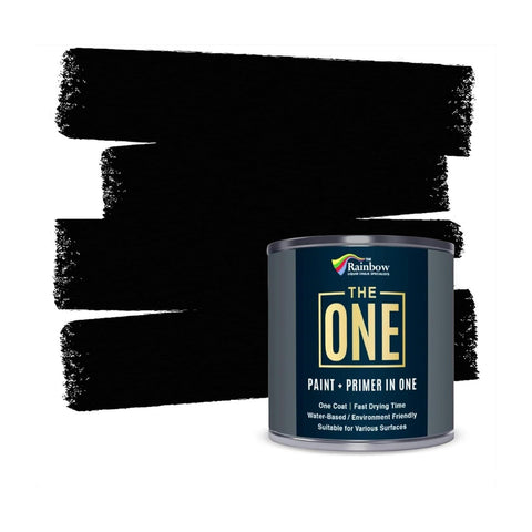 THE ONE All-In-One Paint & Primer Black Matte bottle shows a one-coat solution.