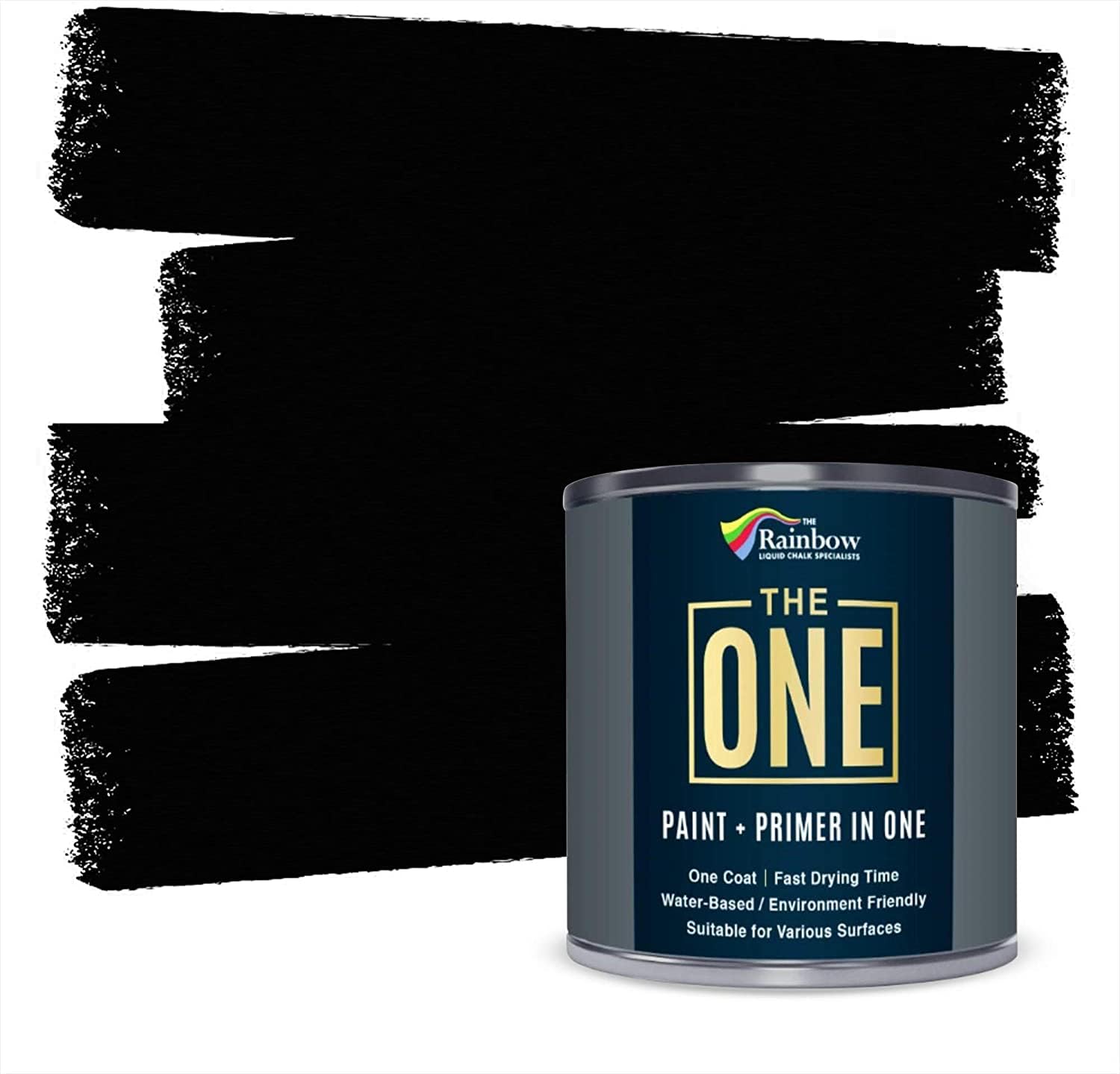 The One All-In-One Paint & Primer black satin bottle showing bold coverage.