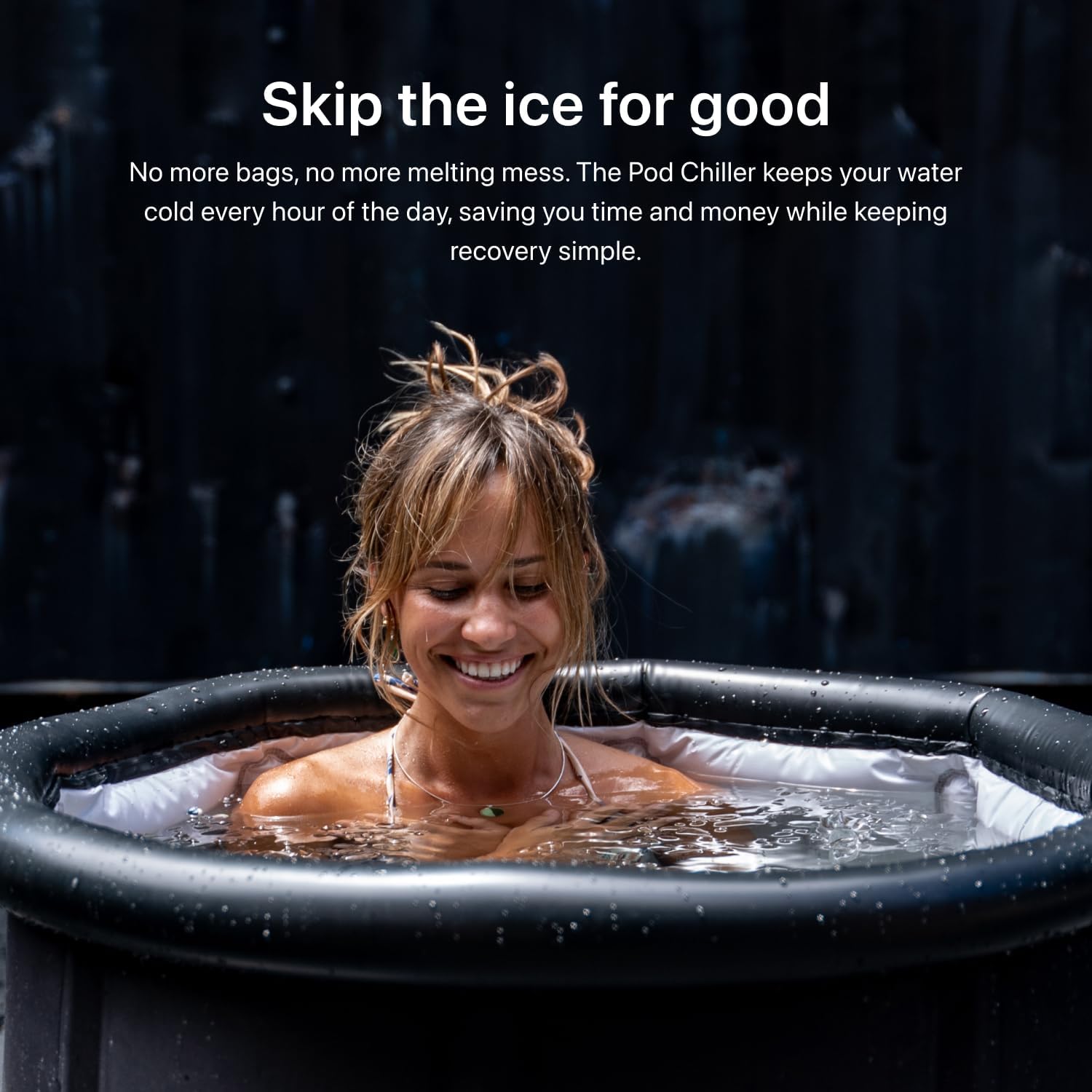 The Pod Company chiller in action beside a tub, plug-and-plunge setup.