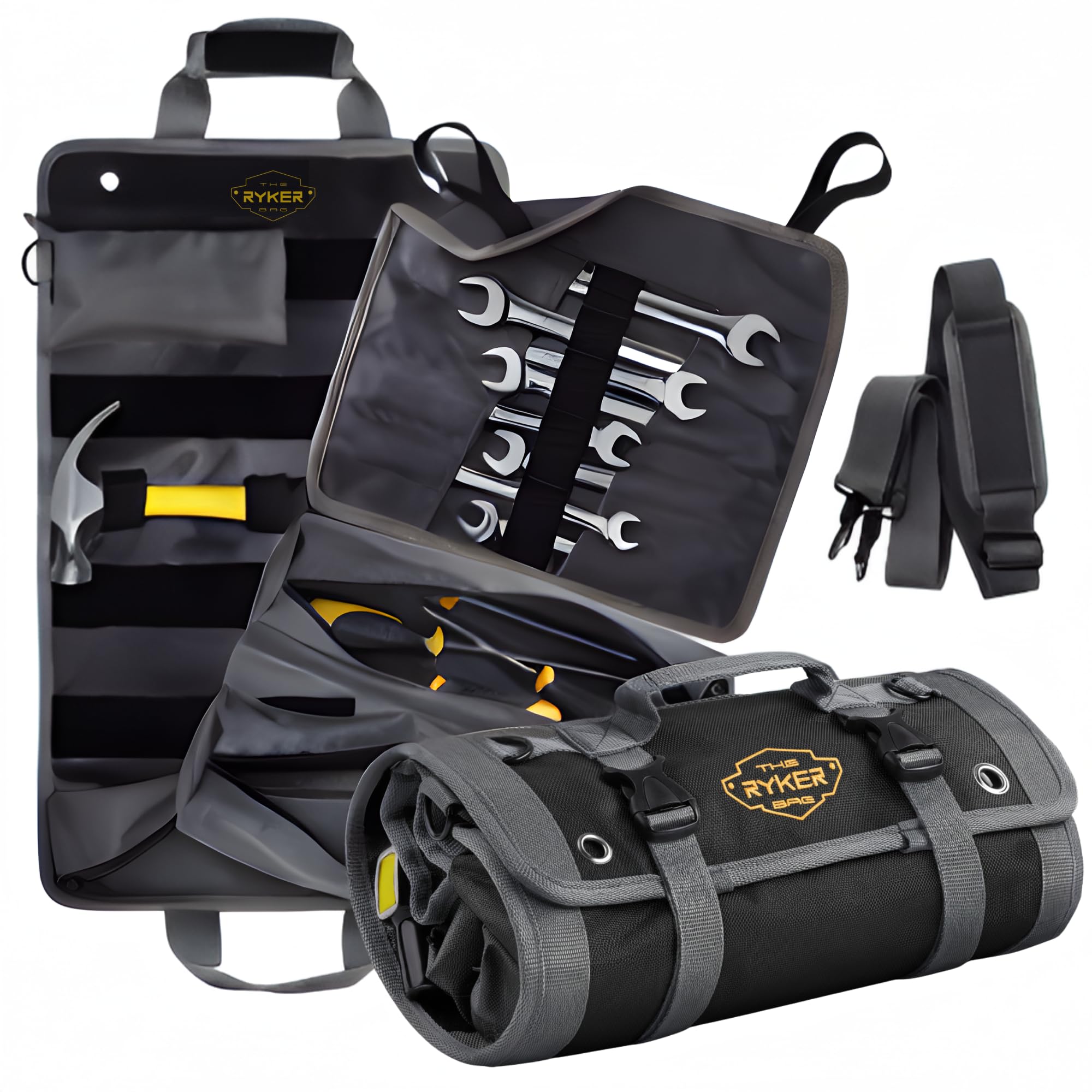 The Ryker Bag Black Pro Tool Roll with detachable pouches for bolts and sockets