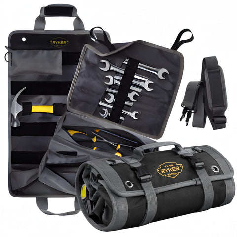 The Ryker Bag Black Pro Tool Roll with detachable pouches for bolts and sockets