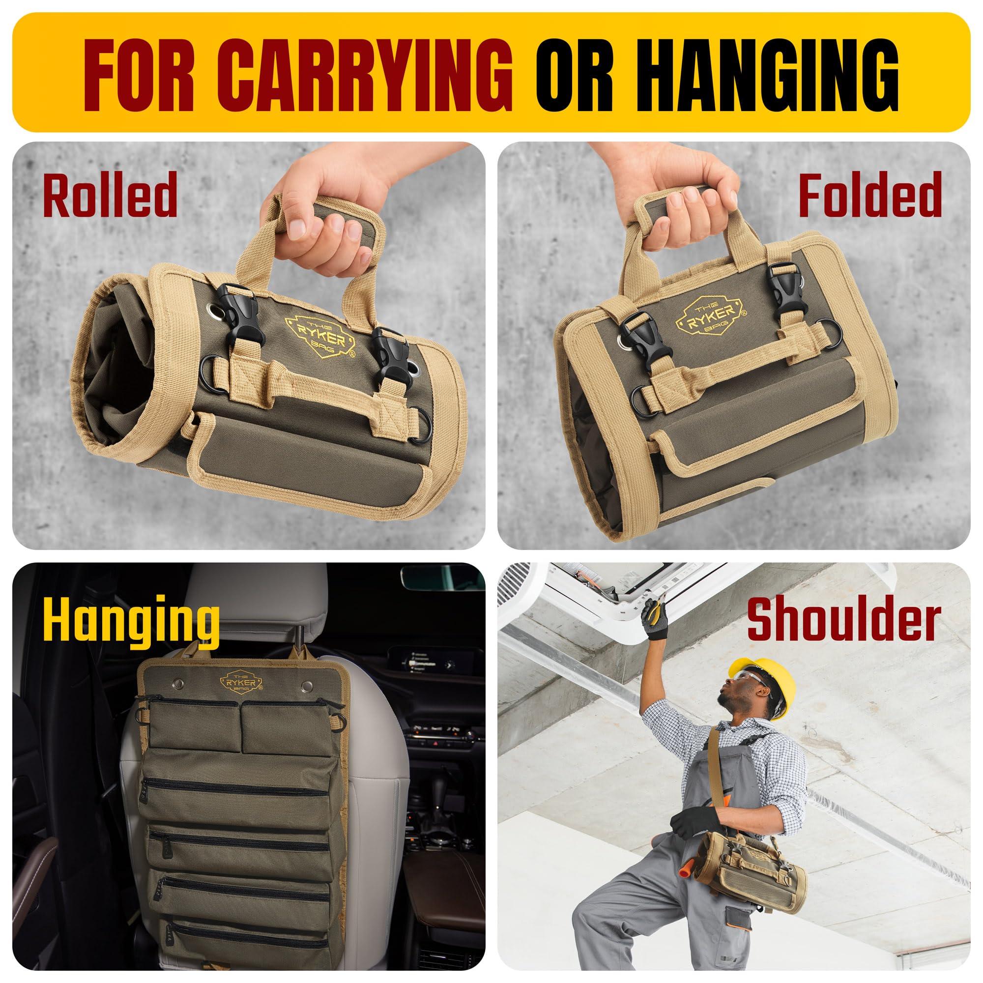 The Ryker Bag hanging in a workshop for convenient access