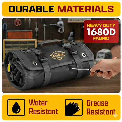The Ryker Bag roll-up design opened for tool access