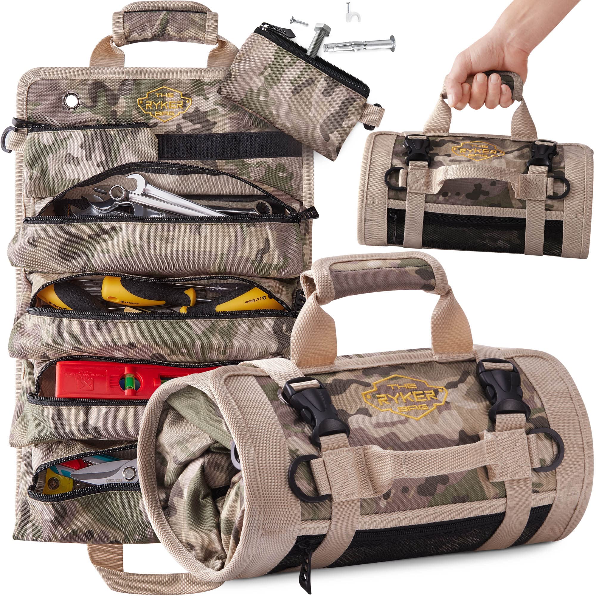 The Ryker Bag roll-up tool bag open in camouflage ideal for quick access to tools
