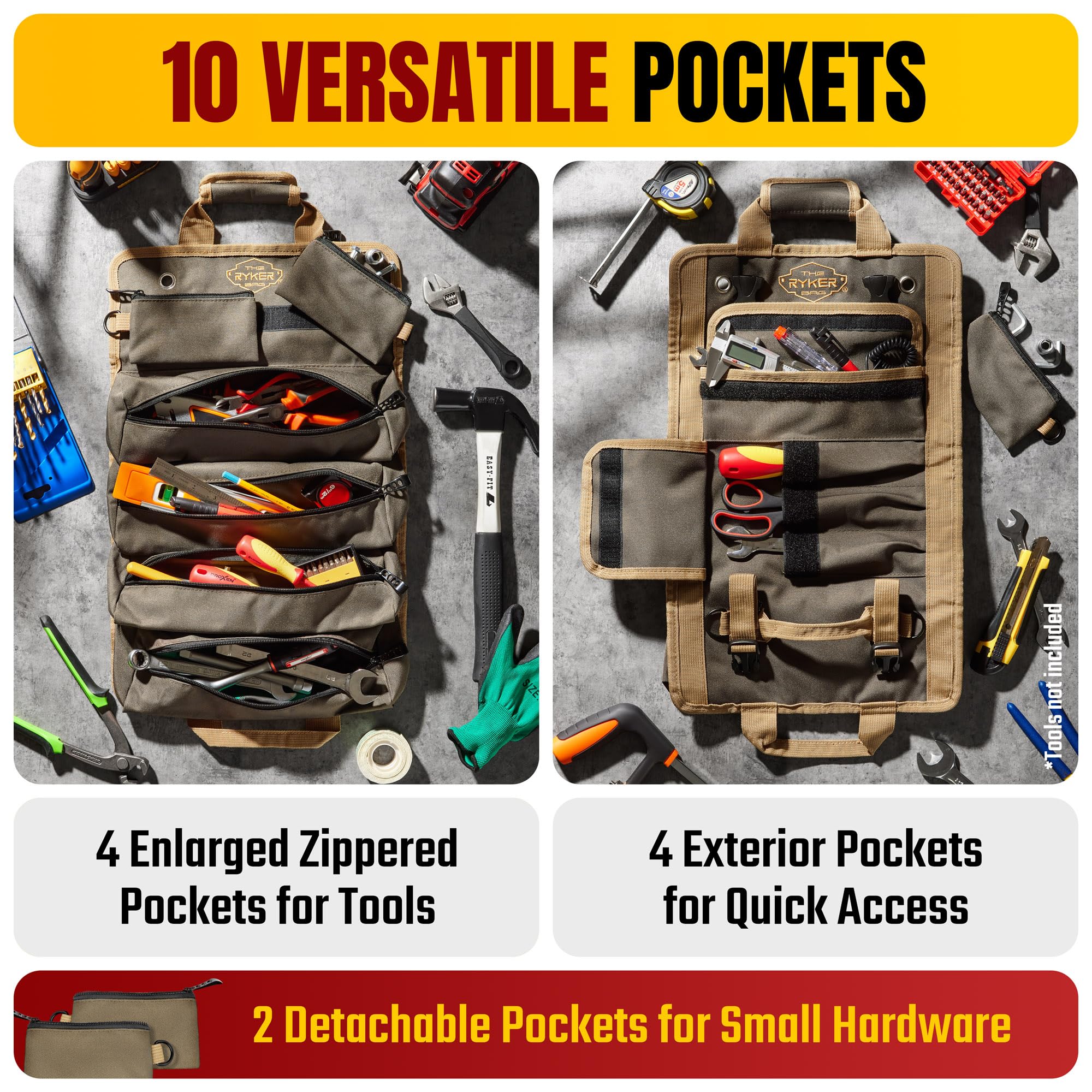 The Ryker Bag roll-up tool bag organizer open with tools ready