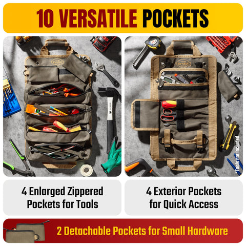 The Ryker Bag roll-up tool bag organizer open with tools ready