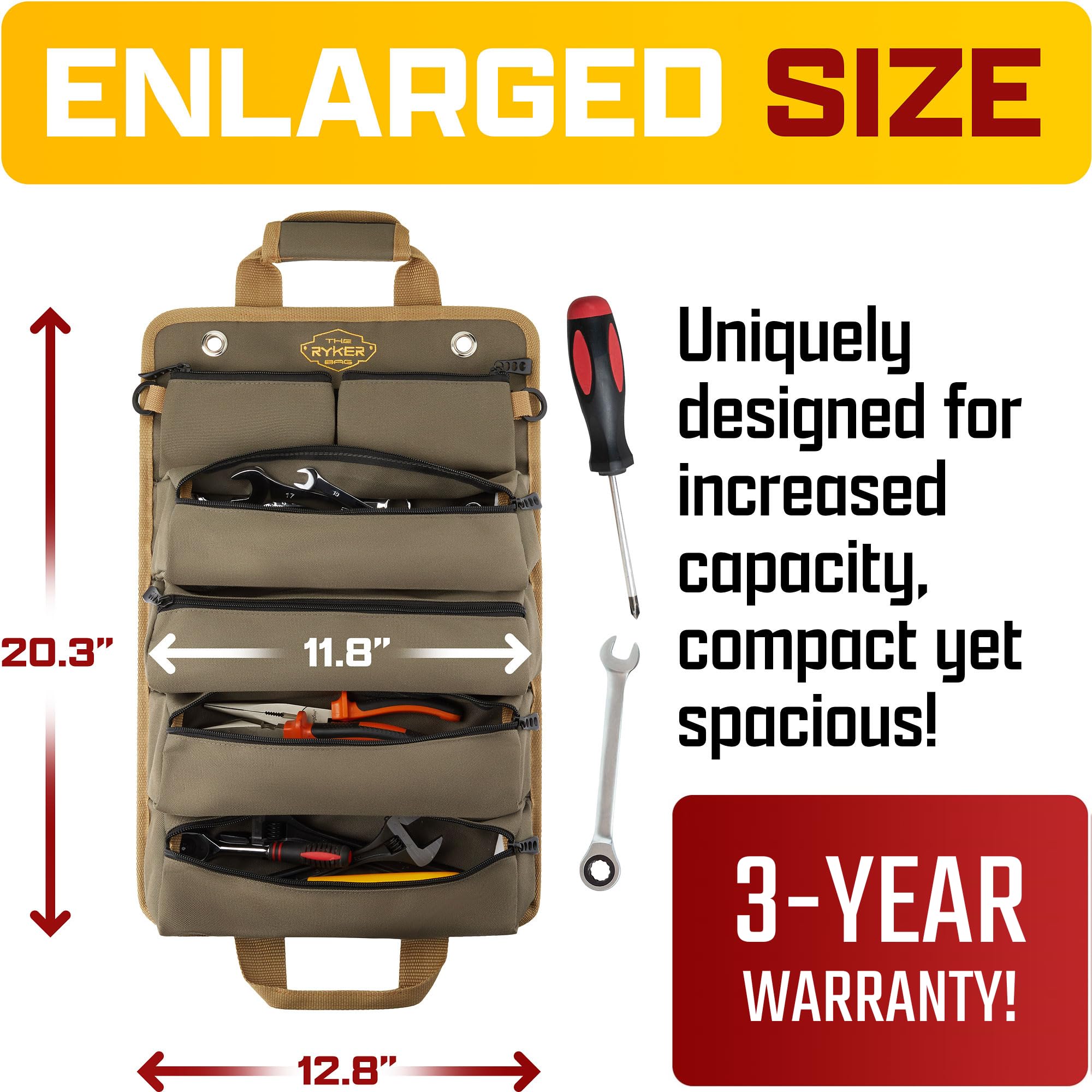 The Ryker Bag roll-up toolbag with four large compartments for tools.