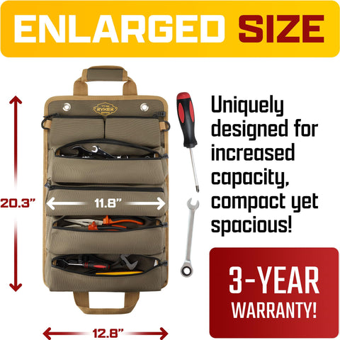 The Ryker Bag roll-up toolbag with four large compartments for tools.