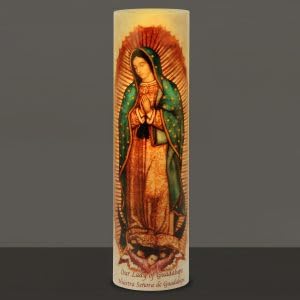 The Saints Collection back-panel prayers enhance meditation ambiance