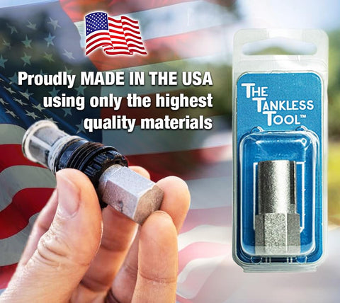The Tankless Tool in use with a Rinnai unit enables quick filter access.