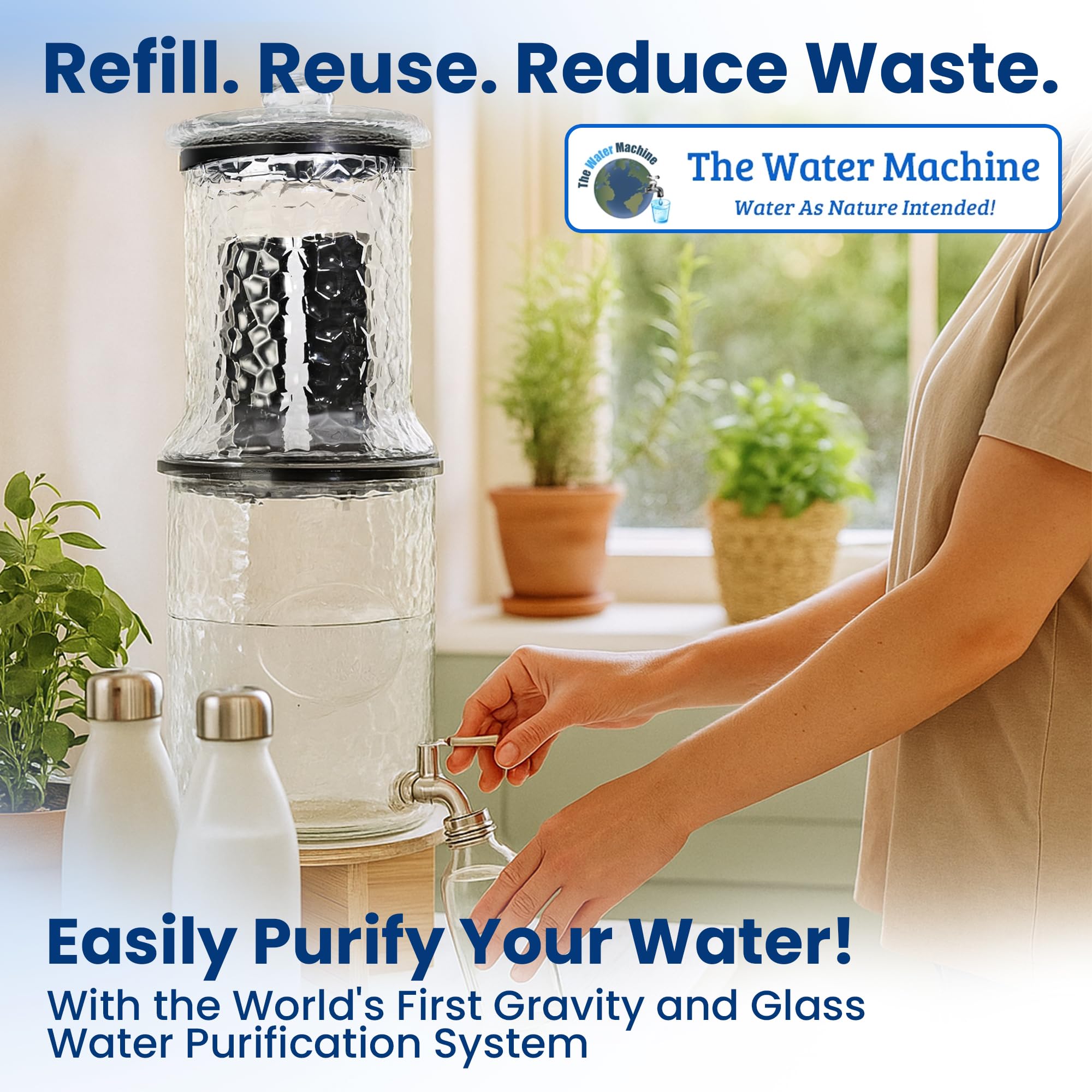The Water Machine all-glass purifier camping use highlights portable off-grid hydration