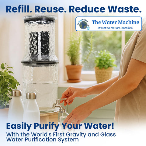 The Water Machine all-glass purifier camping use highlights portable off-grid hydration