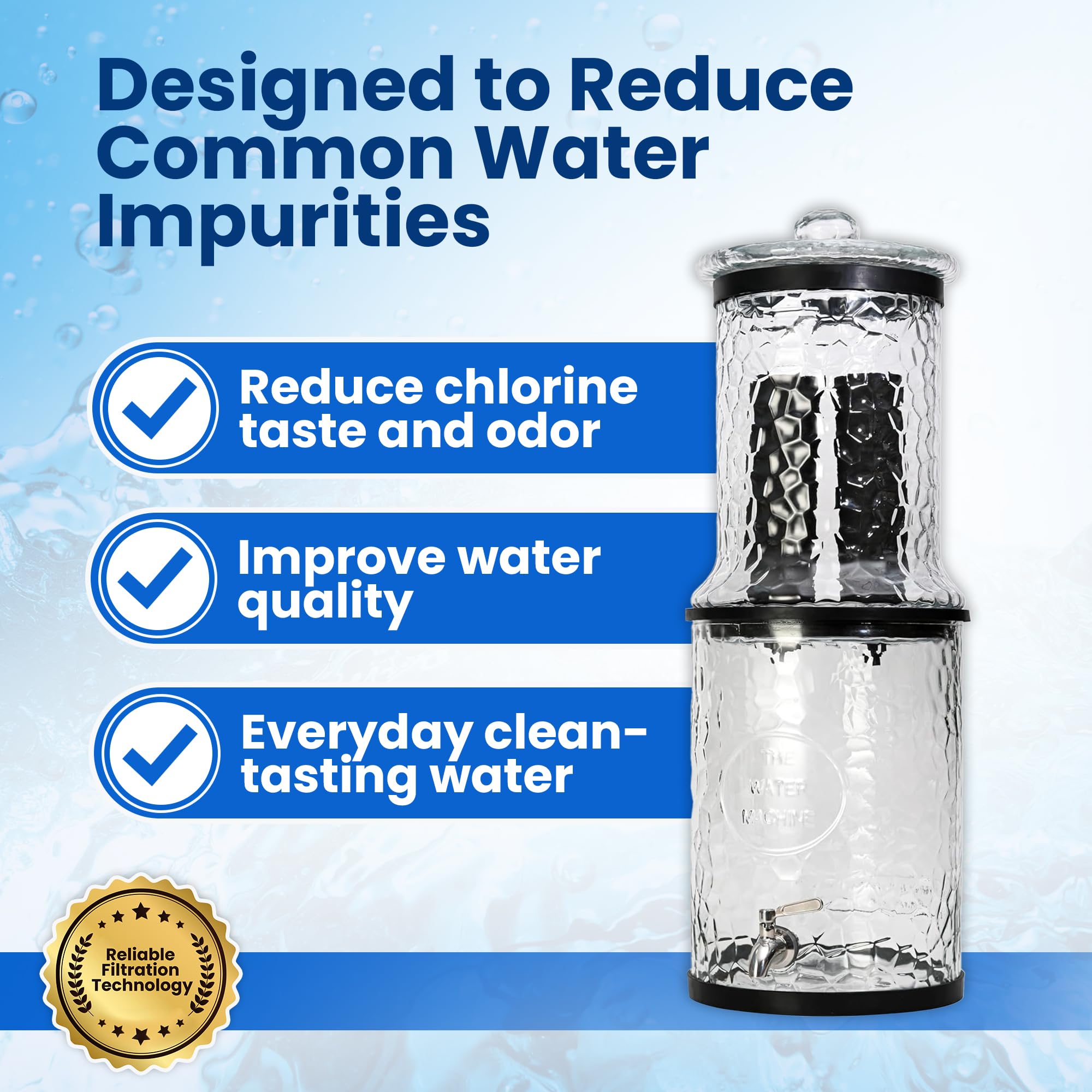 The Water Machine all-glass purifier cartridge detail highlights carbon filtration