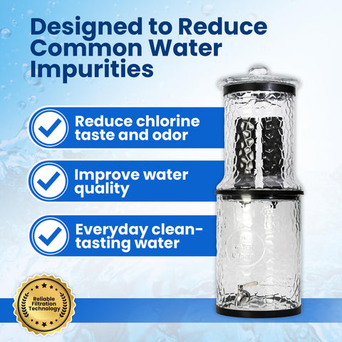 The Water Machine all-glass purifier cartridge detail highlights carbon filtration