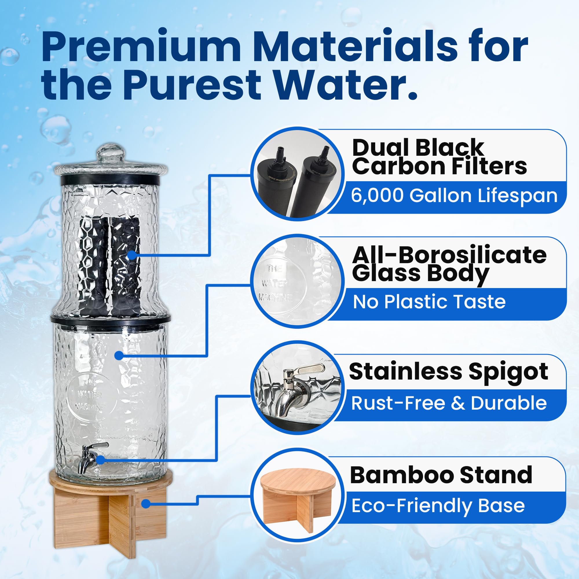The Water Machine all-glass purifier gravity-flow in action for off-grid use