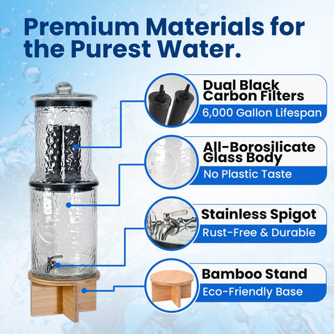 The Water Machine all-glass purifier gravity-flow in action for off-grid use