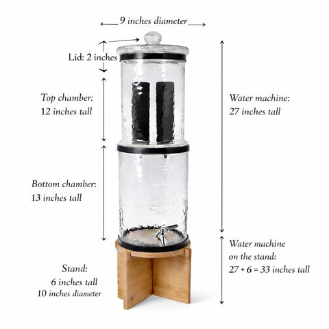 The Water Machine all-glass purifier lower chamber full indicates ready-to-use capacity
