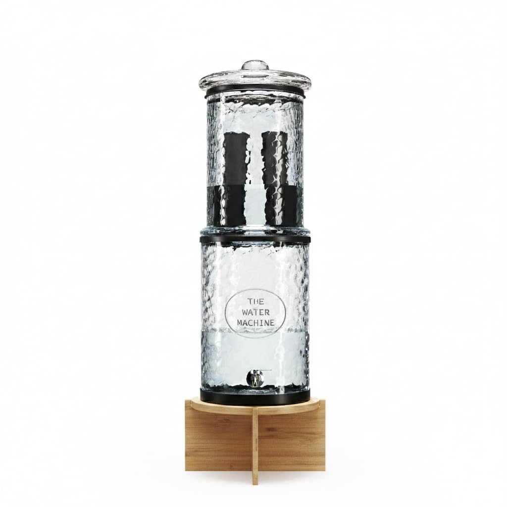 The Water Machine all-glass purifier top chamber closeup shows pure filtration with no plastic contact