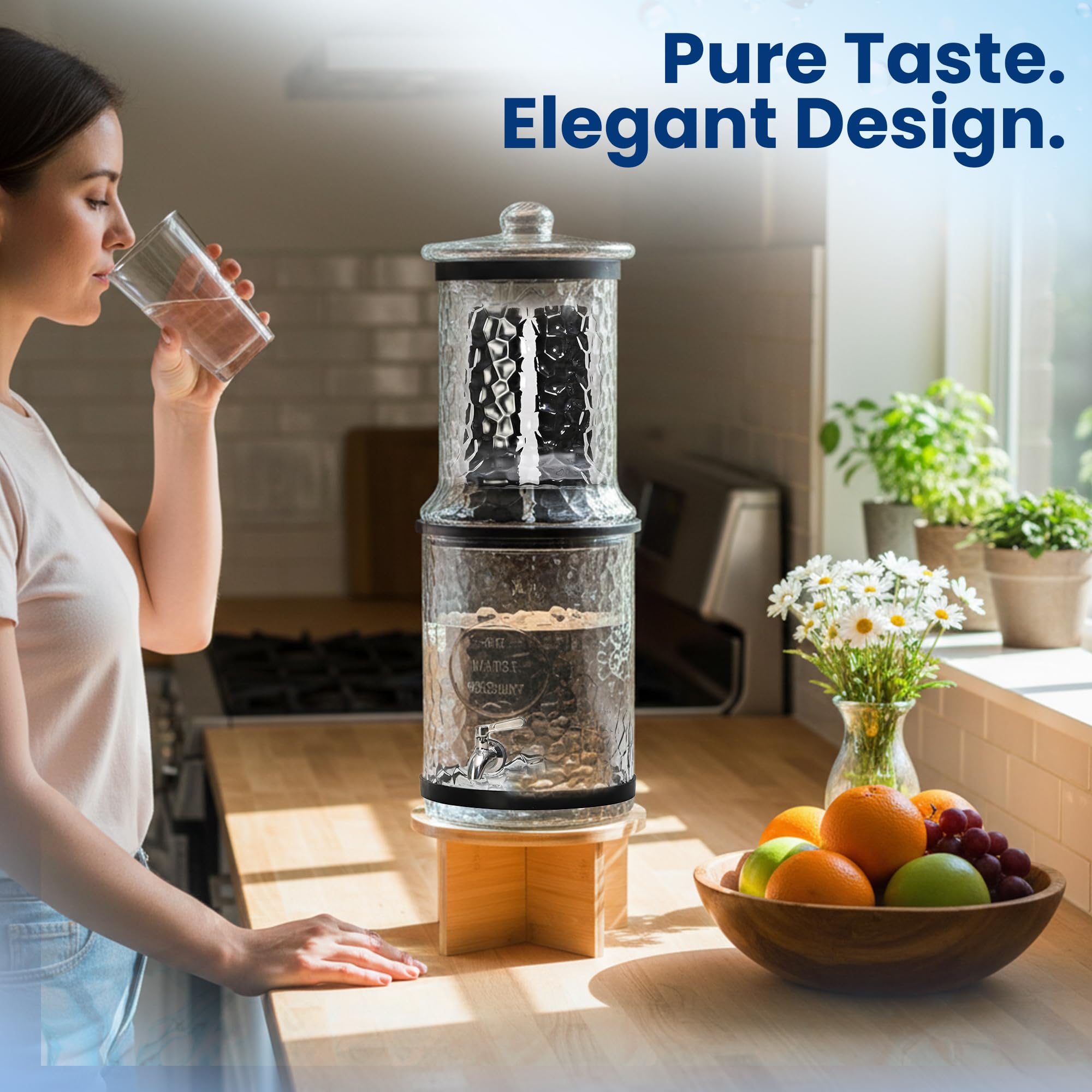 The Water Machine all-glass purifier wooden stand elevates a stylish setup