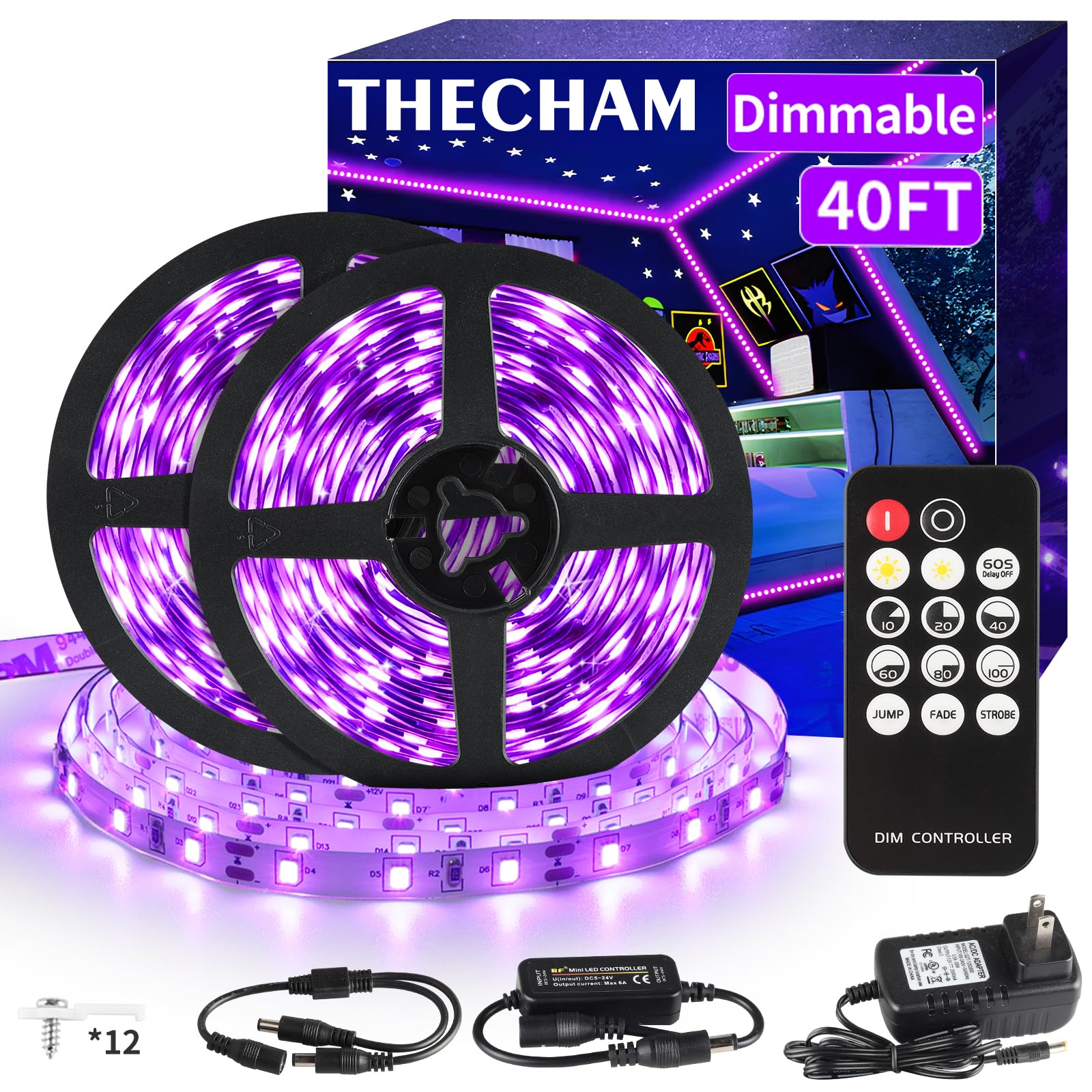 THECHAM 40ft black light strip with remote for vibrant indoor glow accents