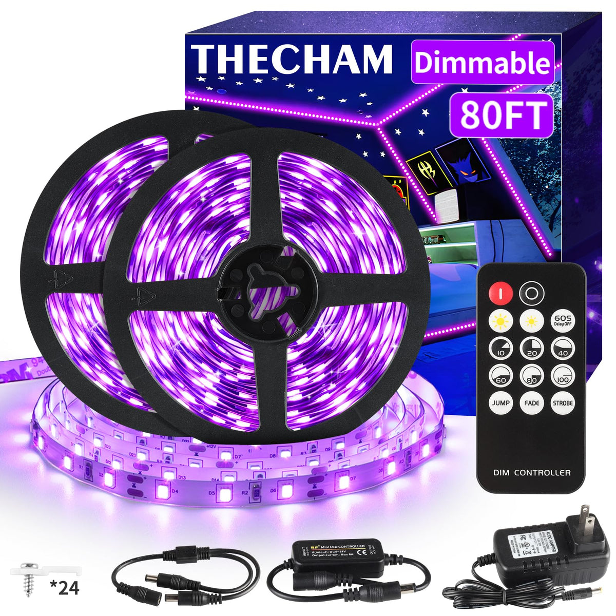 THECHAM 80ft black light strip with remote for vivid party glow.