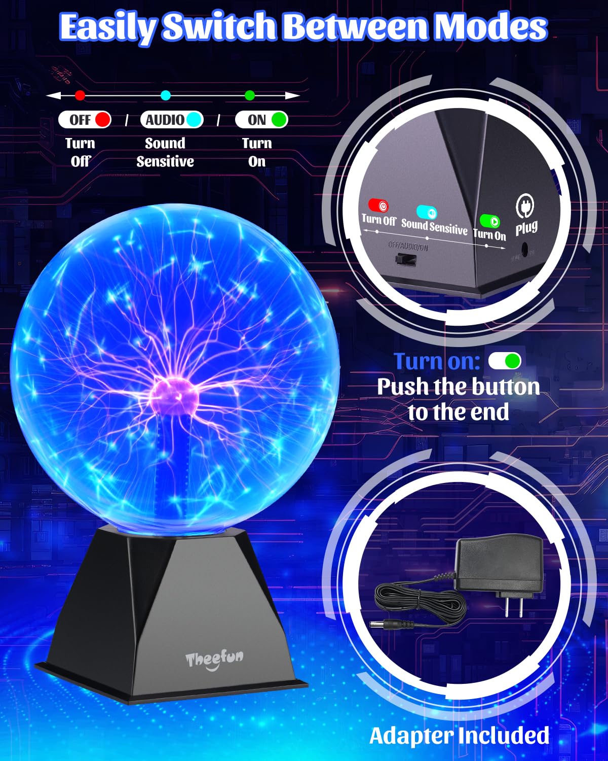 Theefun blue plasma ball colorful filaments create a vivid ambiance.