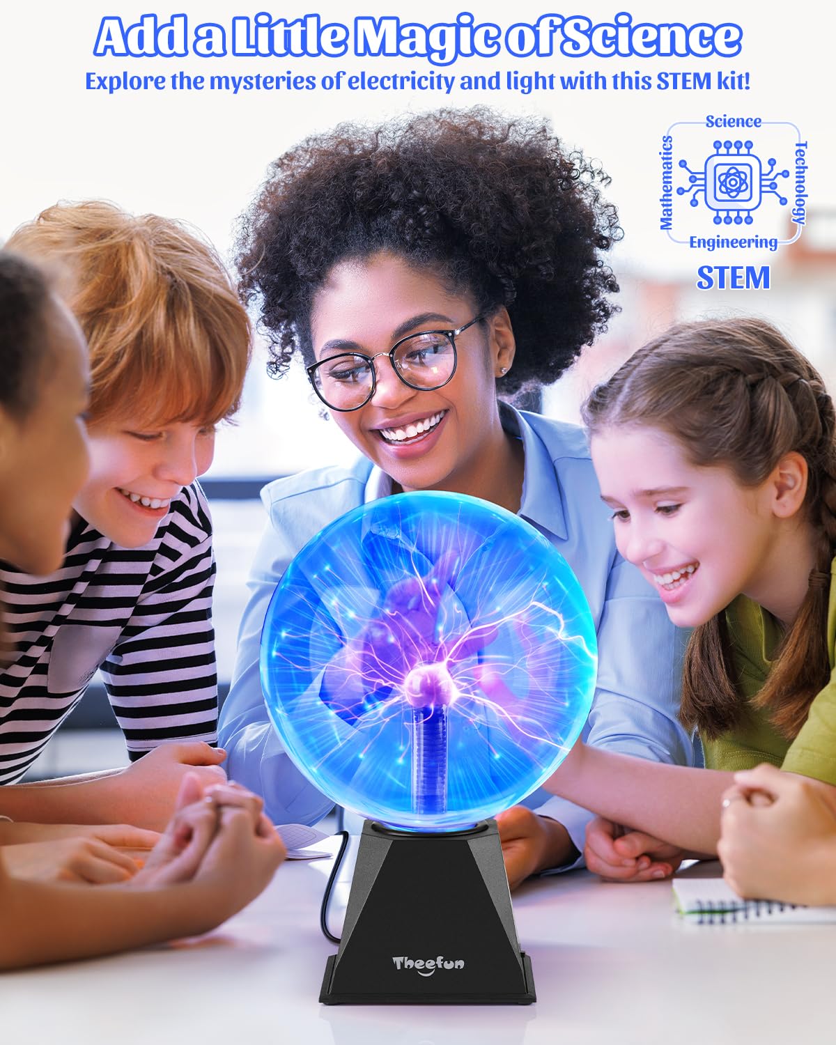 Theefun blue plasma ball glass surface glows with vibrant threads.