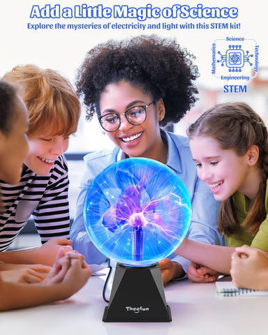 Theefun blue plasma ball glass surface glows with vibrant threads.