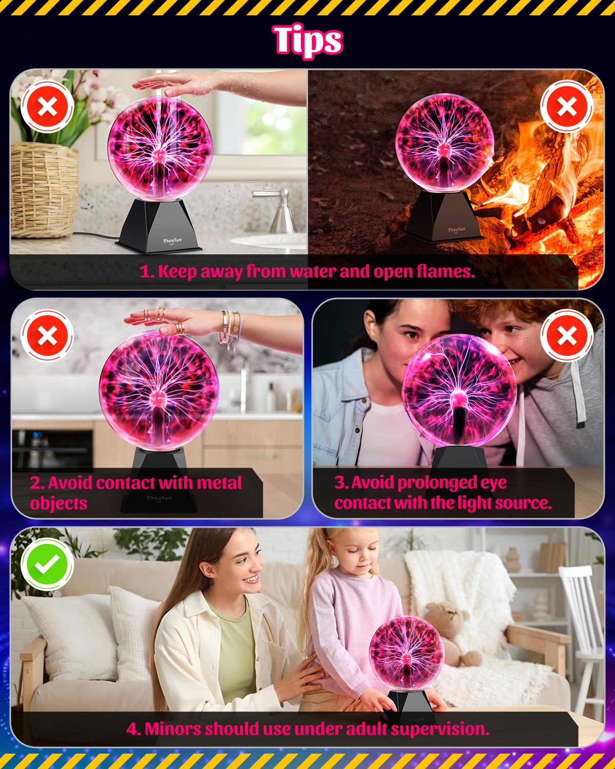 Theefun Plasma Ball 8-Inch packaging includes 12V adapter for easy setup.