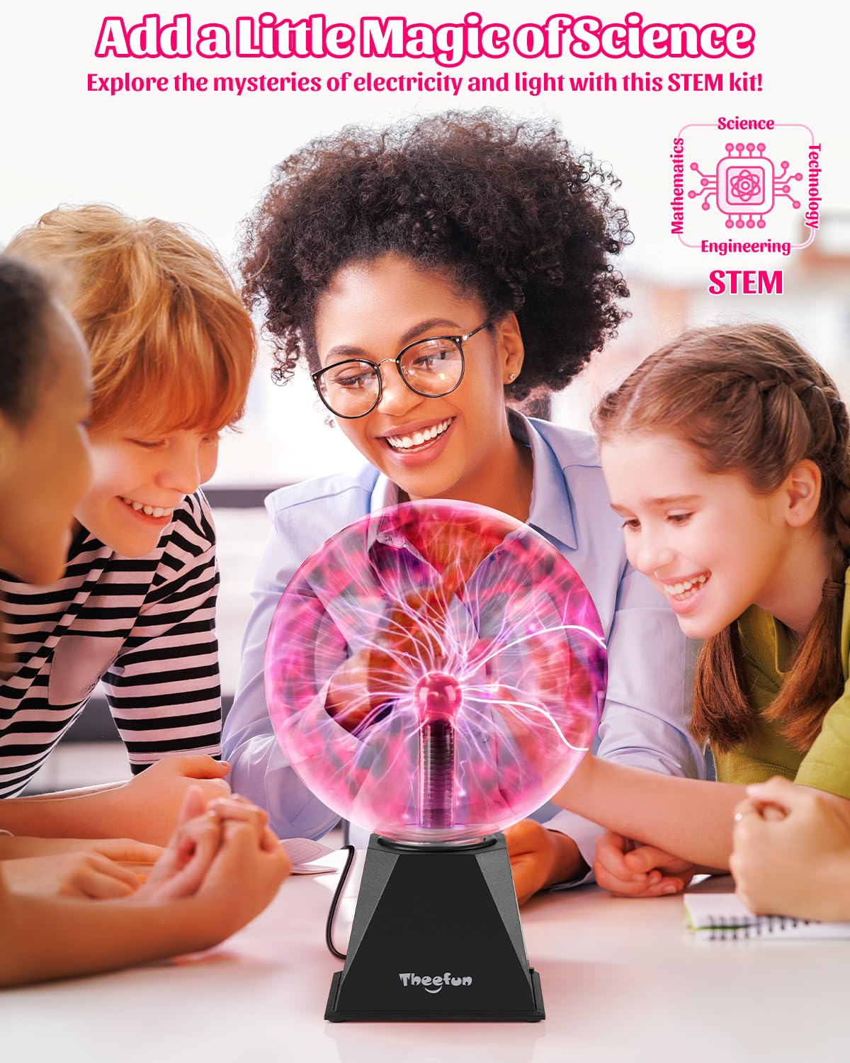 Theefun Plasma Ball 8-Inch energy filaments in vivid colors for dramatic display.