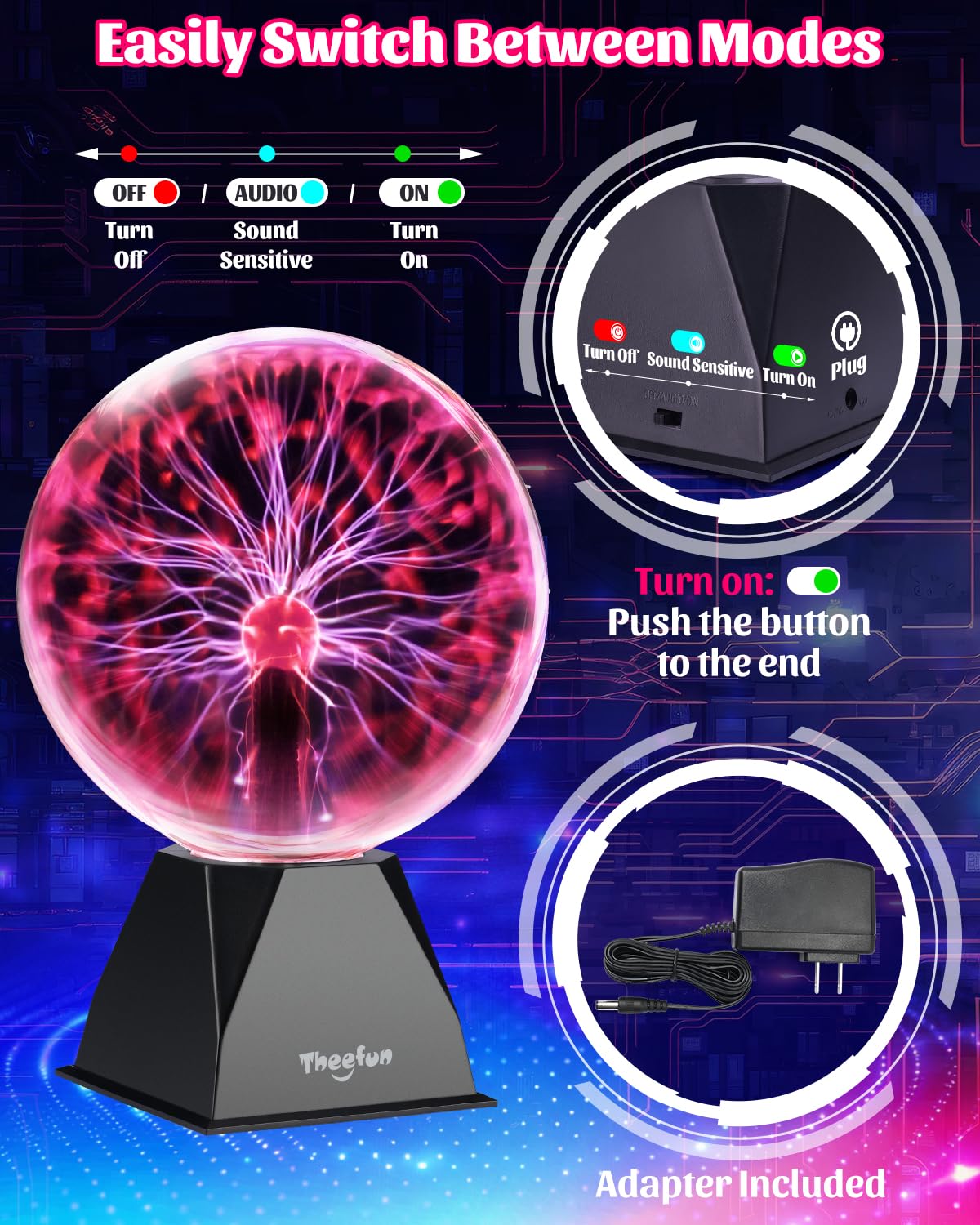 Theefun Plasma Ball 8-Inch glowing setup in a party or room corner.