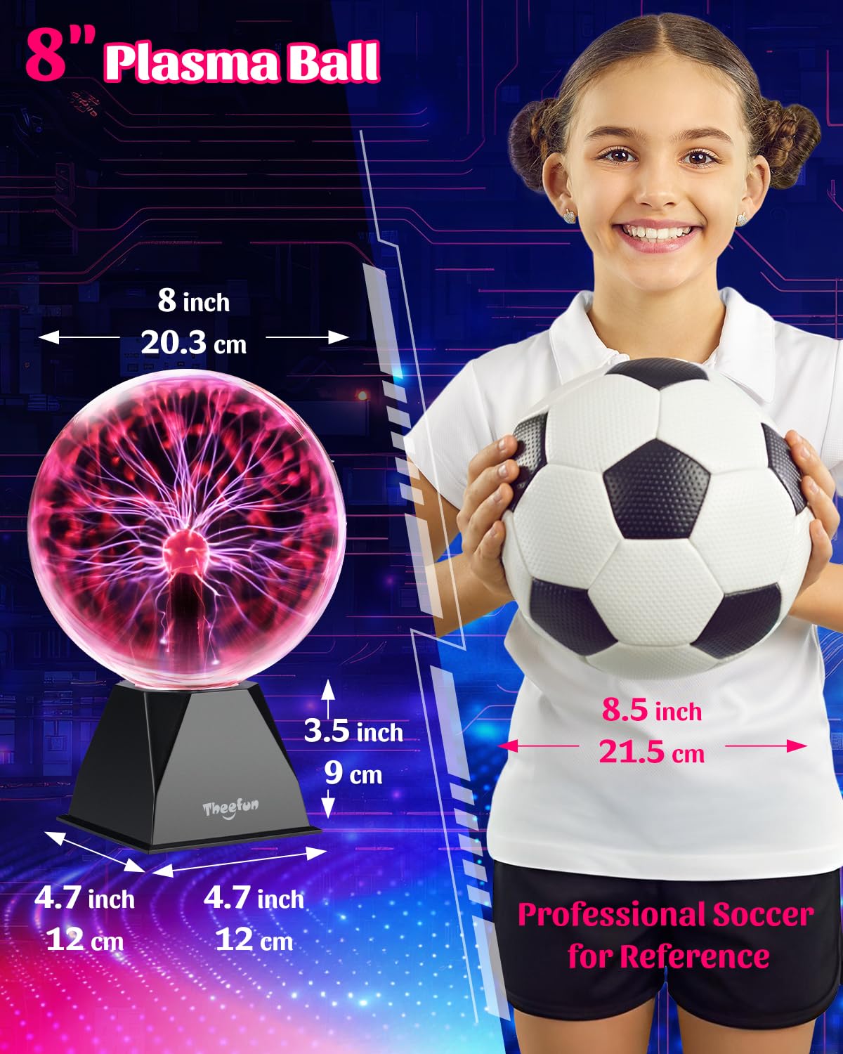 Theefun Plasma Ball 8-Inch powered by adapter for plug-in use.