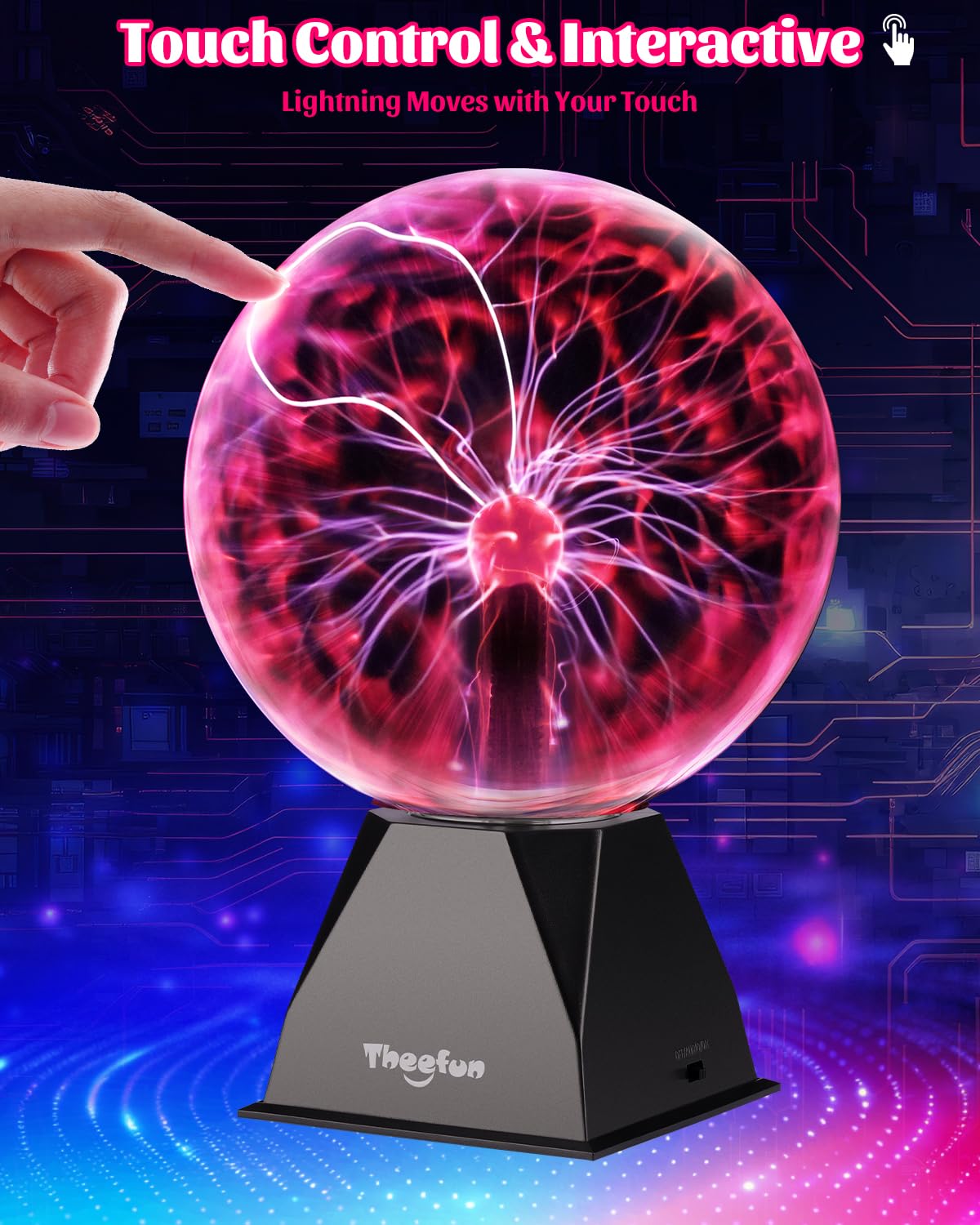 Theefun Plasma Ball 8-Inch glass surface illuminated by vibrant plasma filaments.