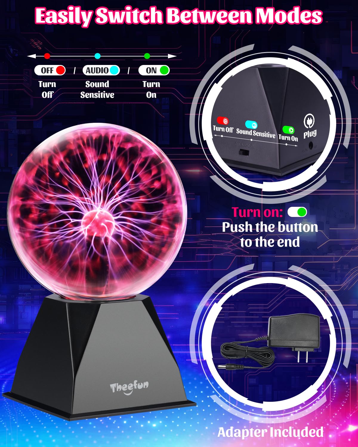 Theefun plasma ball desk display highlights vibrant electricity-like effects on a workspace or shelf.
