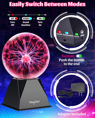 Theefun plasma ball desk display highlights vibrant electricity-like effects on a workspace or shelf.