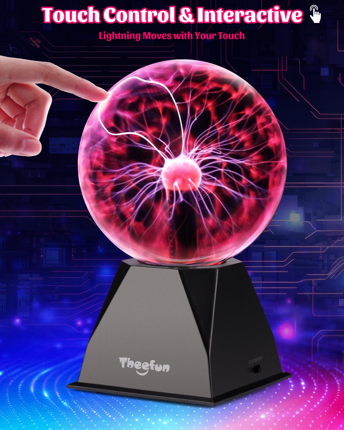 Theefun plasma ball touch interaction showcases responsive light trails following your fingers.