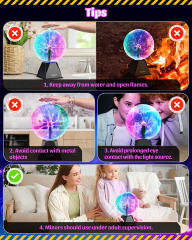 Theefun plasma ball safeguards: avoid wet hands and keep away from heat.