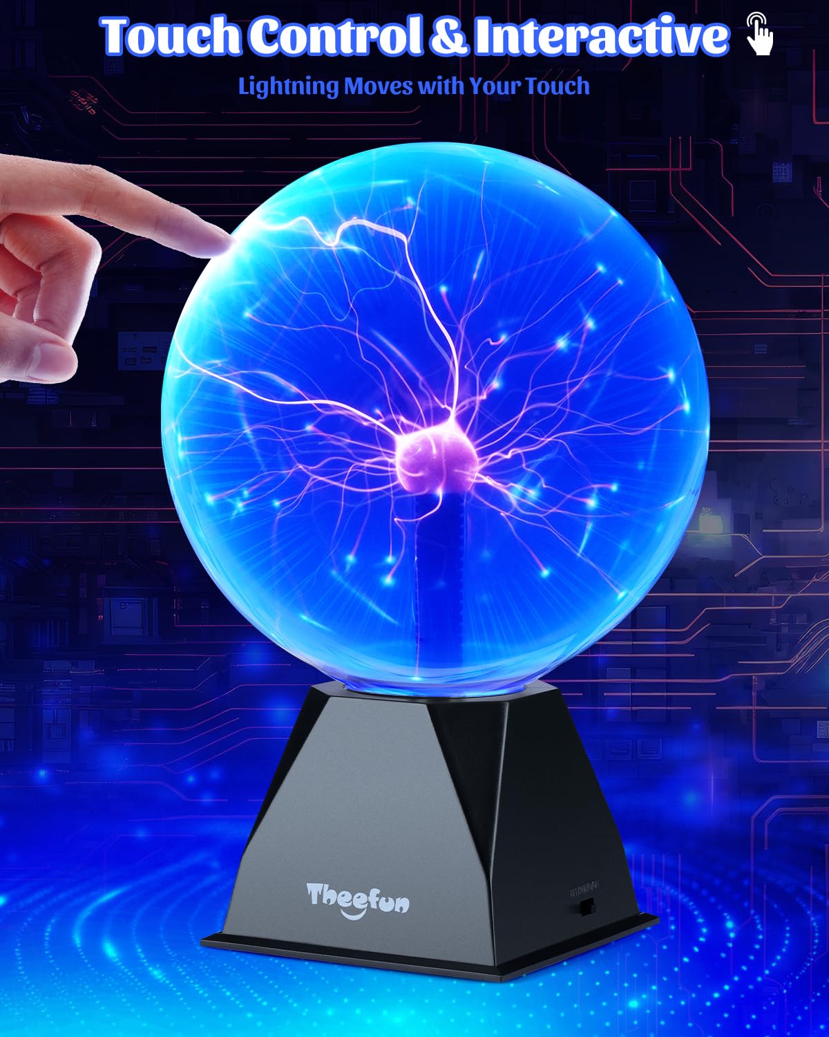 Theefun blue plasma ball sound activation lights respond to music.