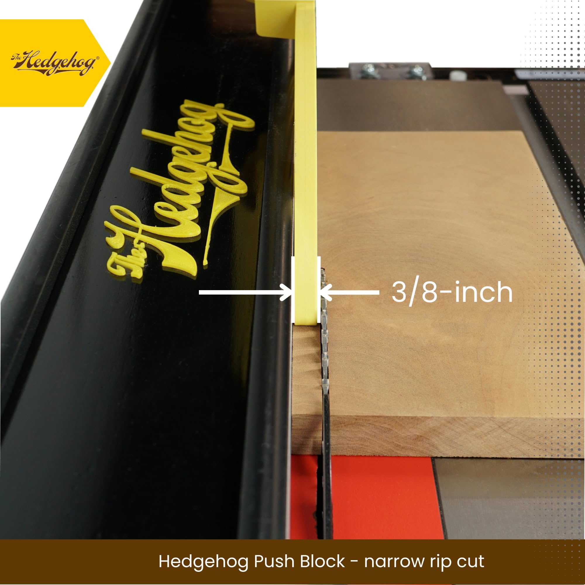 The Hedgehog push block showing heel securing the workpiece for stable ripping.