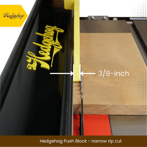 The Hedgehog push block showing heel securing the workpiece for stable ripping.