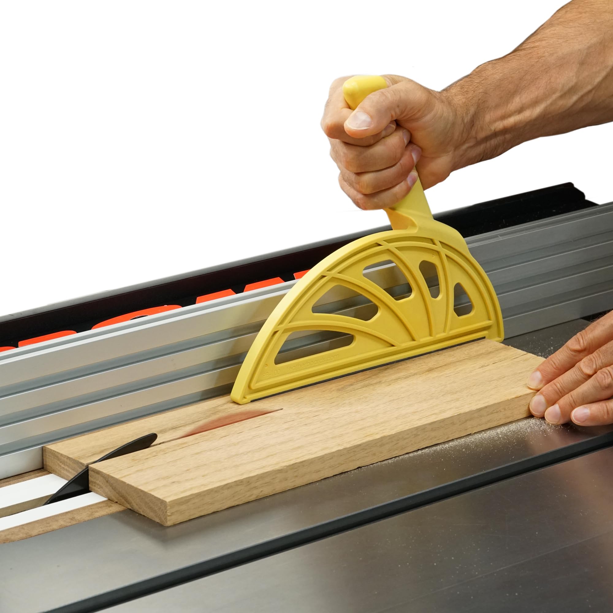 The Hedgehog push block with offset handle for safe hand positioning during cuts.