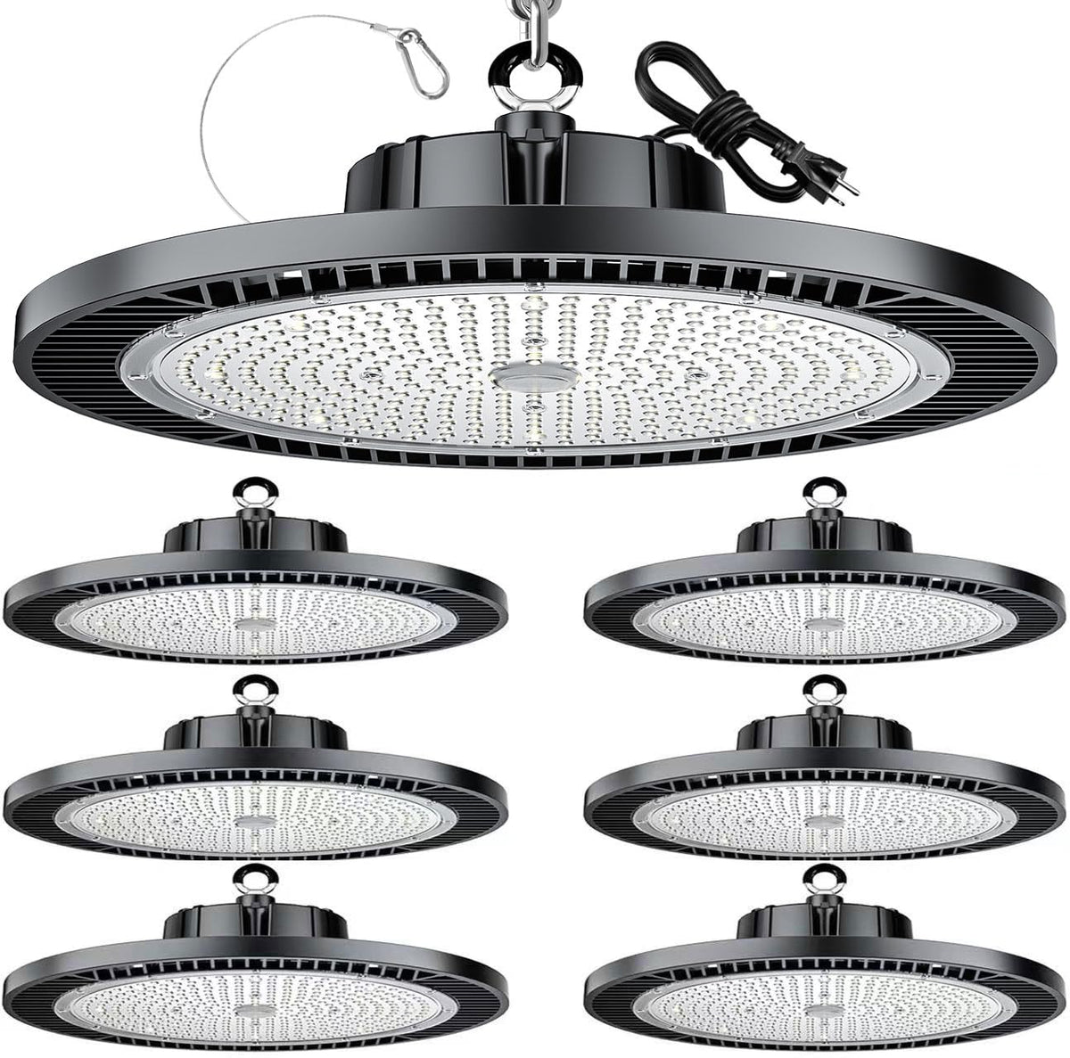 THELUX 6Pack 200W high bay light front view showing bright, even warehouse illumination