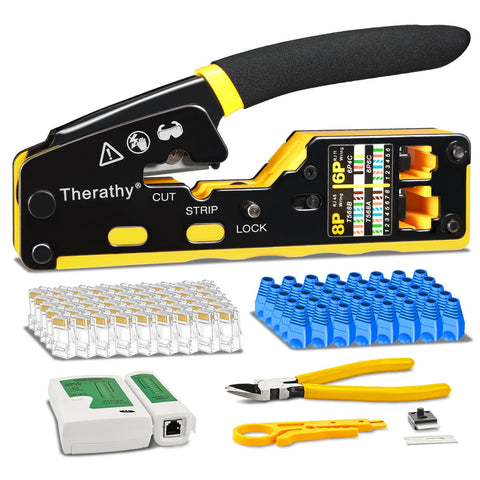 Therathy RJ45 crimp tool front view showing compact one-handed design for quick use