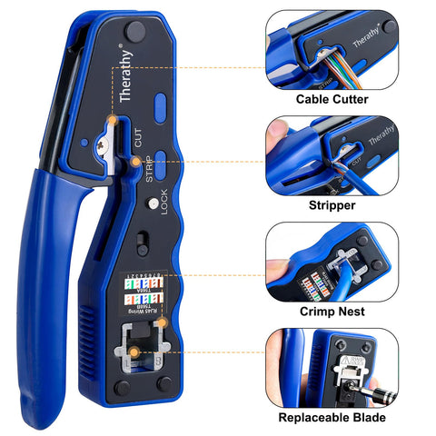 Therathy tool with replaceable blades for long-lasting RJ45 crimping.